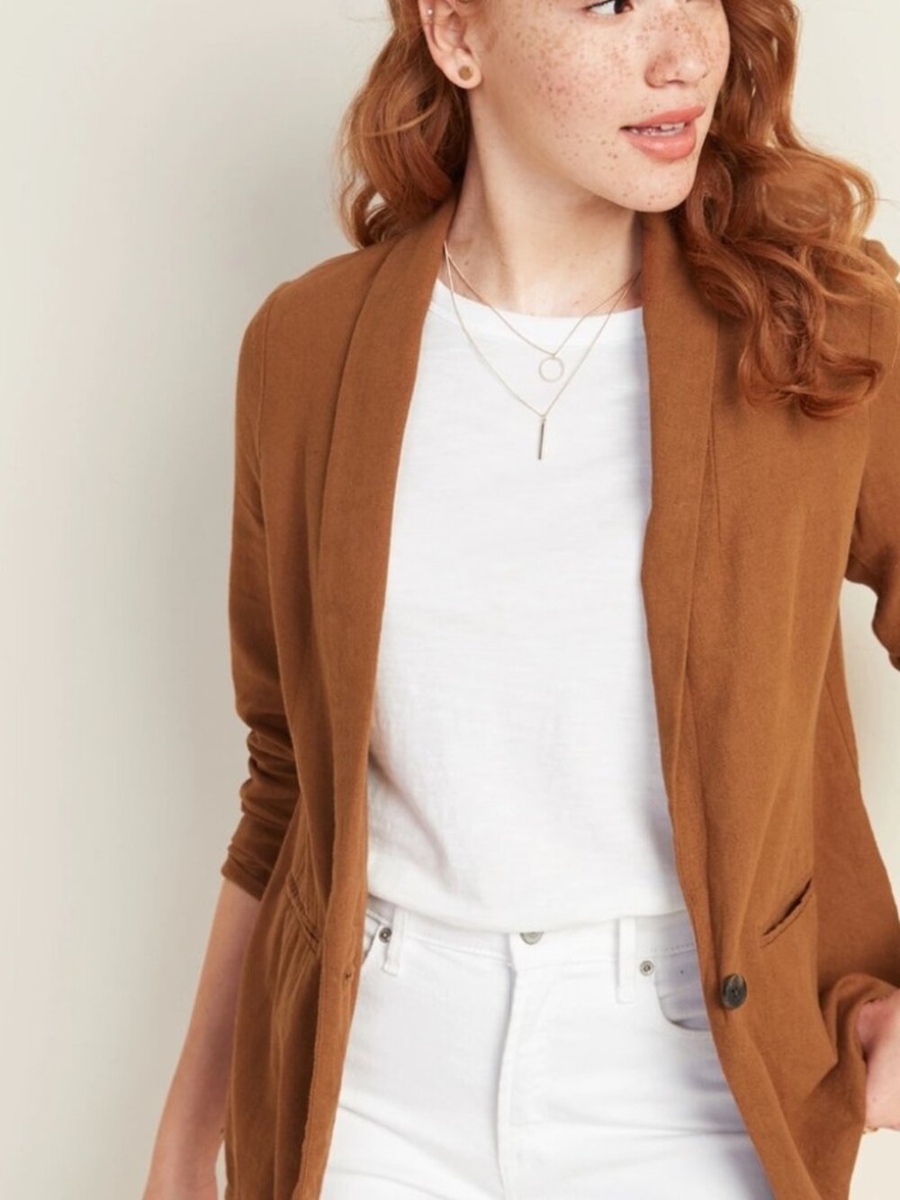 Old Navy Linen Rust-Brown Open-Front Blazer - Picture 2 of 7